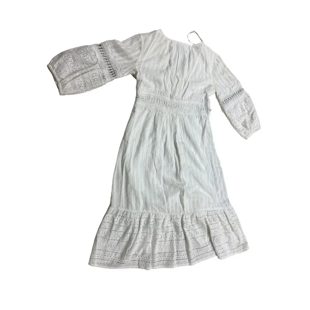 Anthropologie Boho Lace Ebba Midi Dress Size 6 3/4 Sleeve White Eyelet - Picture 2 of 8